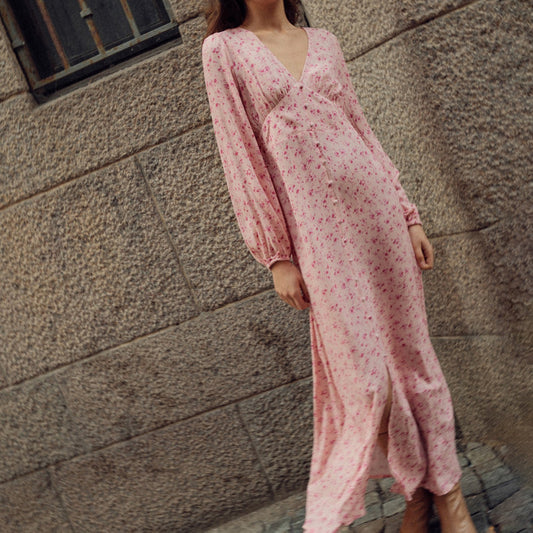 A line Dress Women Spring V neck Long Sleeve High Waist Slit Floral Elegant Dress