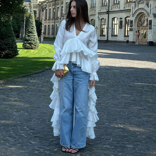 Chemise MYA à volants col en V, manches évasées