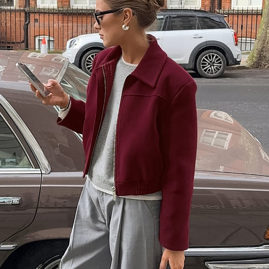 Autumn Elegant Wine Red Collared Cropped Jacket All Matching Loose Zipper Coat